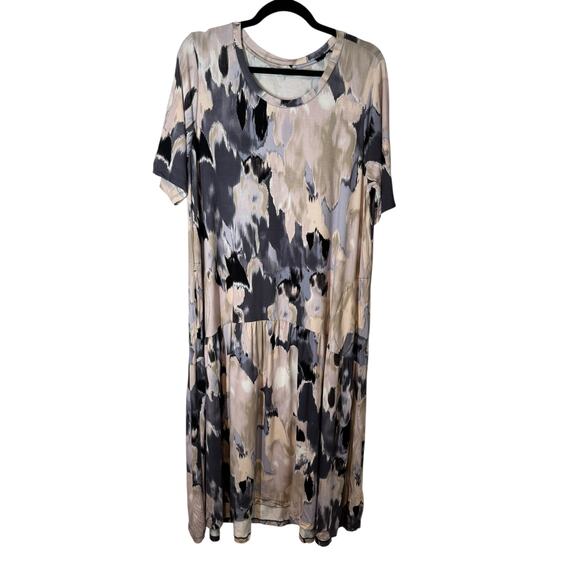 LOGO‎ by Lori Goldstein Elbow Sleeve Crew Neck Dress Neutral Combo Jersey Large - Picture 2 of 7